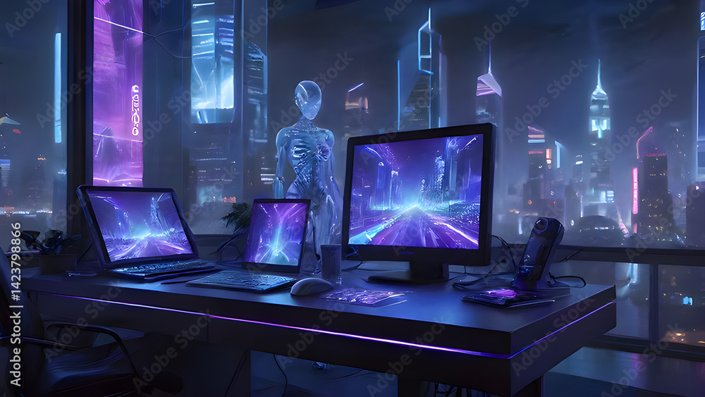 Fototapeta premium Futuristic Tech Office with AI Robot and Neon Cityscape