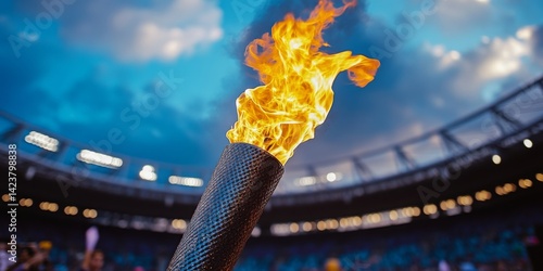 Obraz na płótnie A close-up view of a flaming torch held high in a stadium. The fire dances elegantly against a backdrop of a vibrant sky. This image captures the spirit of competition and celebration. AI w salonie