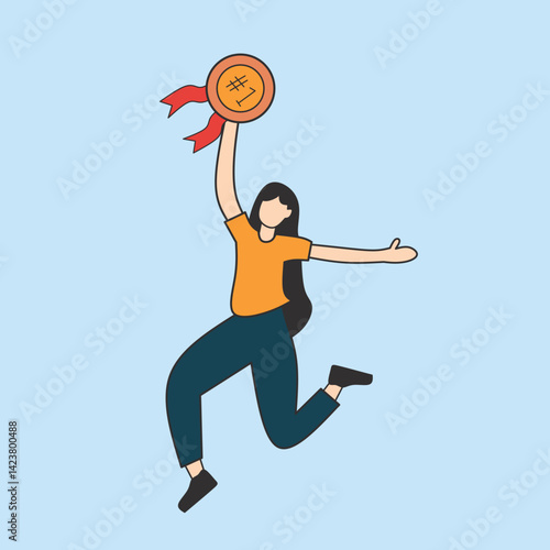 An illustration of a joyful woman jumping and holding up a number one medal with red ribbons, signifying success and achievement