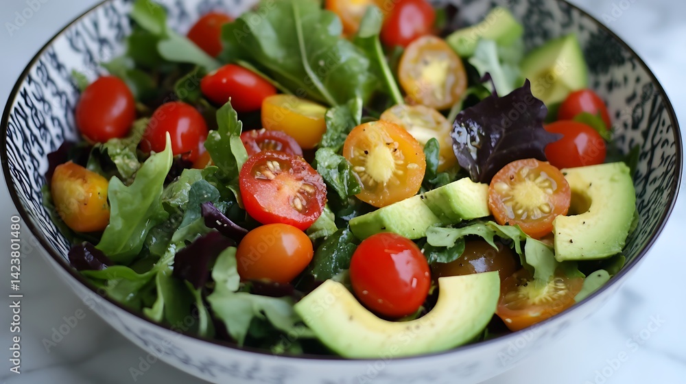 A vibrant bowl of fresh organic salad with cherry tomatoes Avocados A vibrant bowl of fresh organic salad with cherry tomatoes Avocados