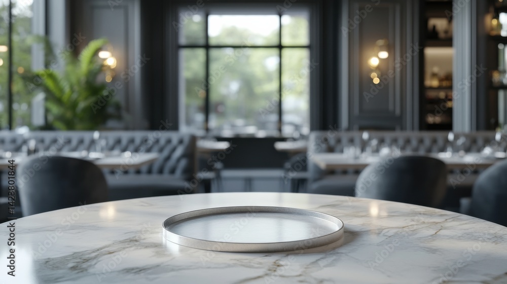 Fototapeta premium Minimalist restaurant interior with an empty round tray on a marble table, elegant decor, no people
