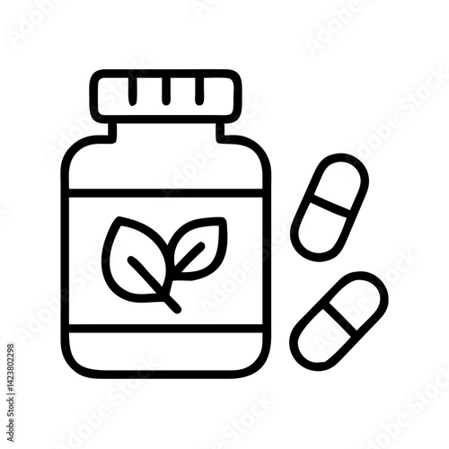 Outline herbal supplement bottle with leaf logo and capsules for natural health and wellness icon