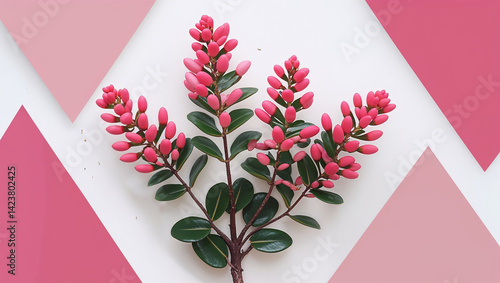 Pink Ruby Loropetalum Flowers On White Geometric Background With Minimalist Aesthetic