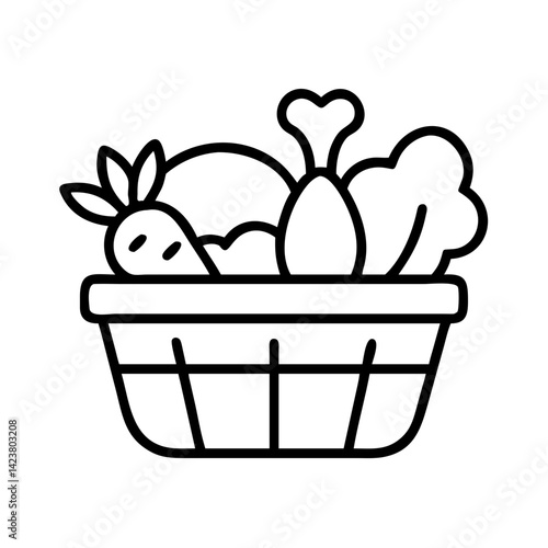 Illustration of fresh food basket with vegetables carrots chicken and healthy food outline style art