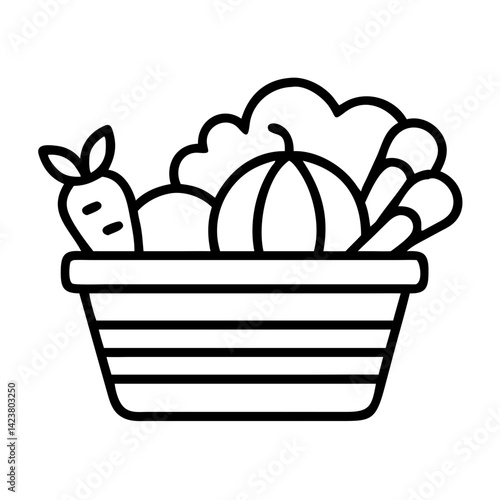 Illustration of fresh vegetables in basket healthy food carrot pumpkin lettuce outline drawing line art