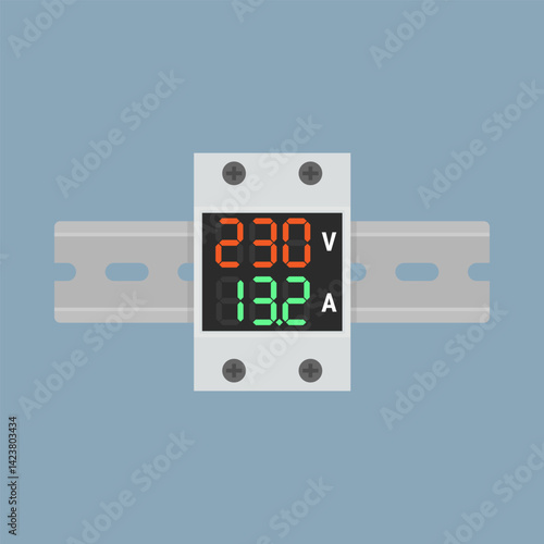 Voltage ampere meter mounted on a DIN rail. Flat style vector illustration