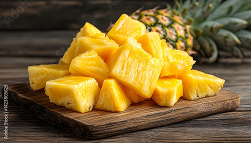 Freshly cut pineapple chunks on a wooden board with a whole pineapple in the background