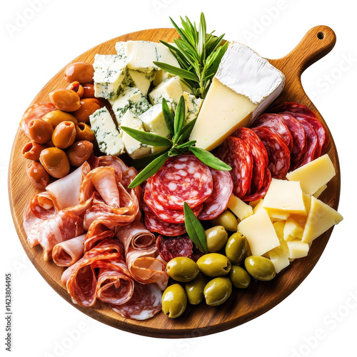 Overhead View of a Rustic Wooden Charcuterie Board with Various Cheeses, Salami, and Olives