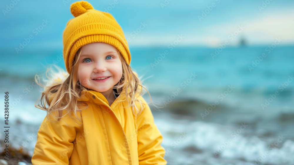 Child girl happy smiling outdoor walking on the beach kid 4 years old in yellow hat family travel vacations autumn season Child girl happy smiling outdoor walking on the beach kid 4 years old in yellow hat family travel vacations autumn season