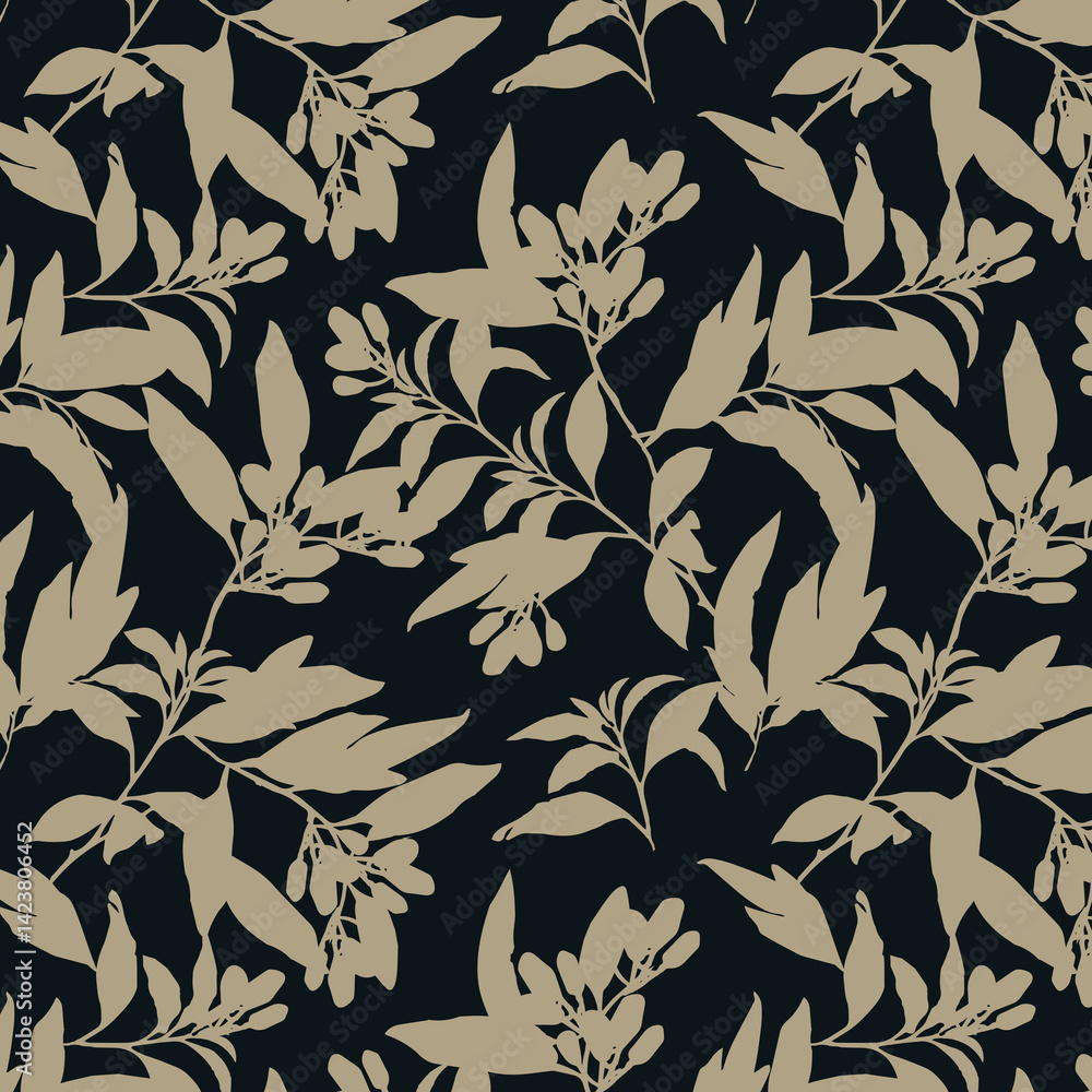 Simple monochrome two-color seamless pattern with flowers silhouette. Simple monochrome two-color seamless pattern with flowers silhouette.