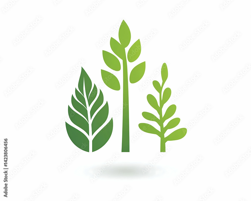Obraz premium Three stylized green leaves on white background