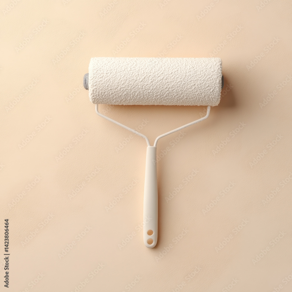 Obraz premium paint roller with textured white cover rests on smooth beige surface, showcasing its practical design for painting tasks. This evokes sense of creativity and home improvement