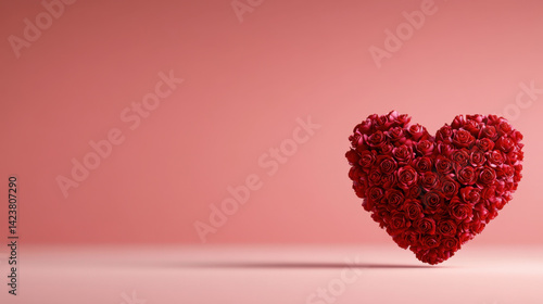 beautiful heart shape made of vibrant red roses against soft pink background, symbolizing love and romance. This stunning floral arrangement is perfect for Valentine Day or romantic occasions