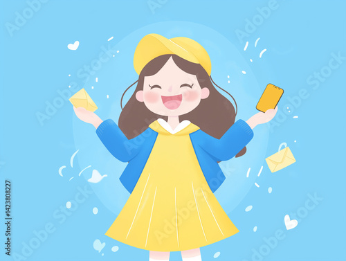 Cheerful girl in yellow, enjoying digital messages.