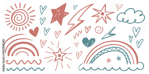 Colorful doodles of sunshine, stars, hearts, and rainbows create a vibrant and playful atmosphere for creativity