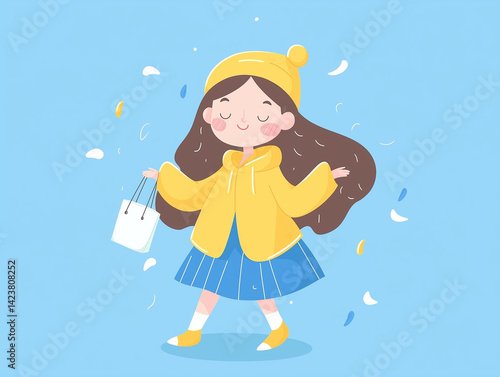 Happy girl in yellow outfit with shopping bag.