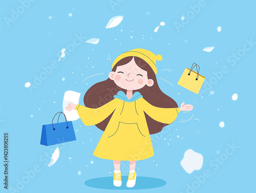 Happy girl enjoying shopping in winter attire.