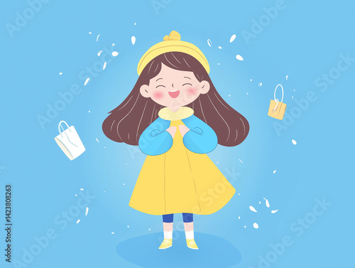 Joyful girl in yellow coat enjoying shopping.