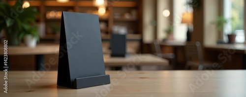 Black metal menu stand mockup on sleek tabletop furniture with copy space, sleek, display