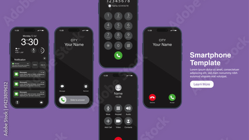 Smartphone UI Mockup with Incoming Call, Lock Screen, Dial Pad, and Notifications on Purple Background – Mobile App Interface Template. Vector.
