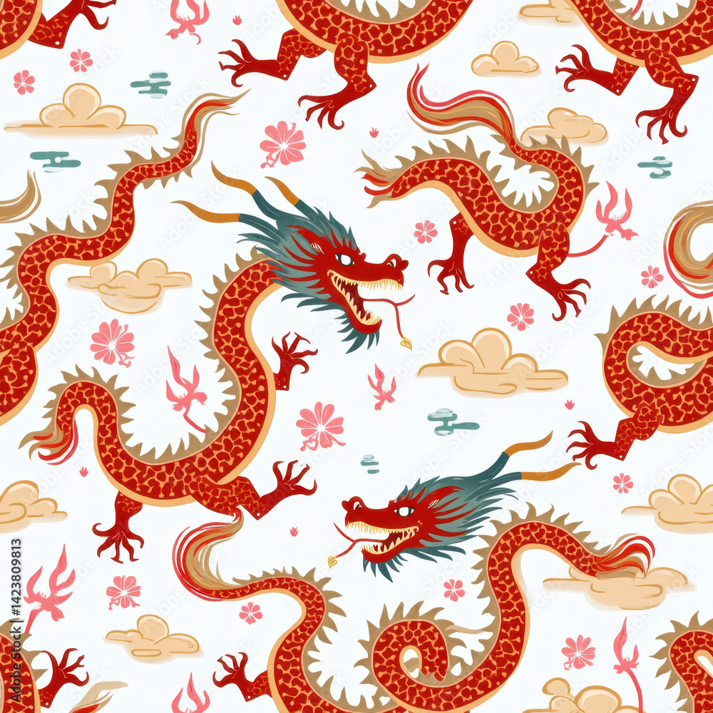 Obraz premium Festive Chinese New Year Dragon Pattern on White.