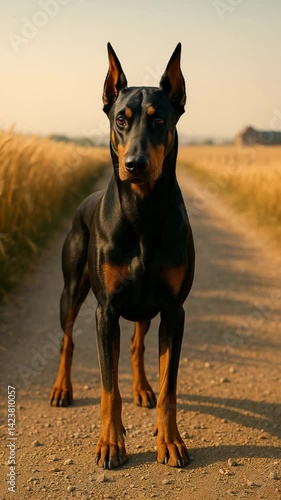 Vigilant Doberman in Wheat Field
