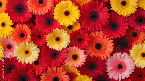 vibrant and colorful bouquet of gerbera daisies in various shades of red, yellow, and pink creates cheerful and lively atmosphere, perfect for brightening any space