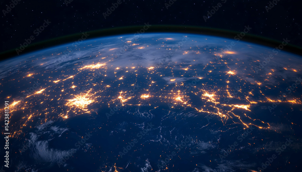 Obraz premium Night view of Earth from space, showing city lights