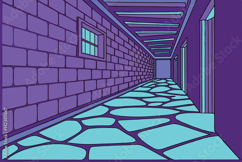 Neon Hallway Illustration Surreal Cartoon Corridor in Purple & Blue Tones