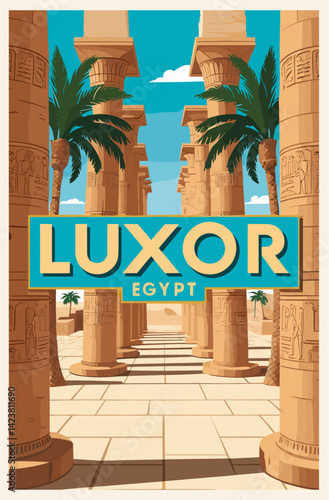 Luxor, Egypt travel destination poster in retro style. Colorful flat vector illustration