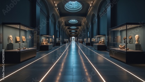 Symmetrical museum hallway in cool blue tones showcasing historical artifacts

