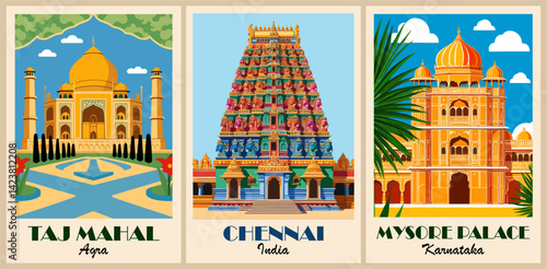 India travel destination poster in retro style with Taj Mahal, Chinnai. Colorful vector art illustration