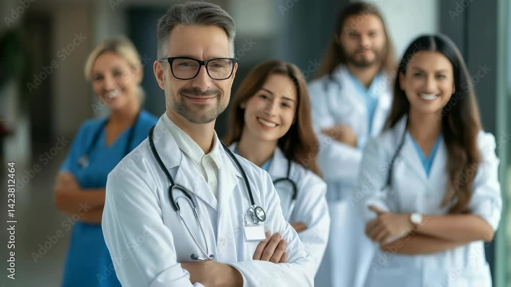 A group of medical professionals are posing in a clinic or hospital setting. The diverse team is in their medical coats and stethoscopes. They're all smiling and looking confident and proud. A group of medical professionals are posing in a clinic or hospital setting. The diverse team is in their medical coats and stethoscopes. They're all smiling and looking confident and proud.