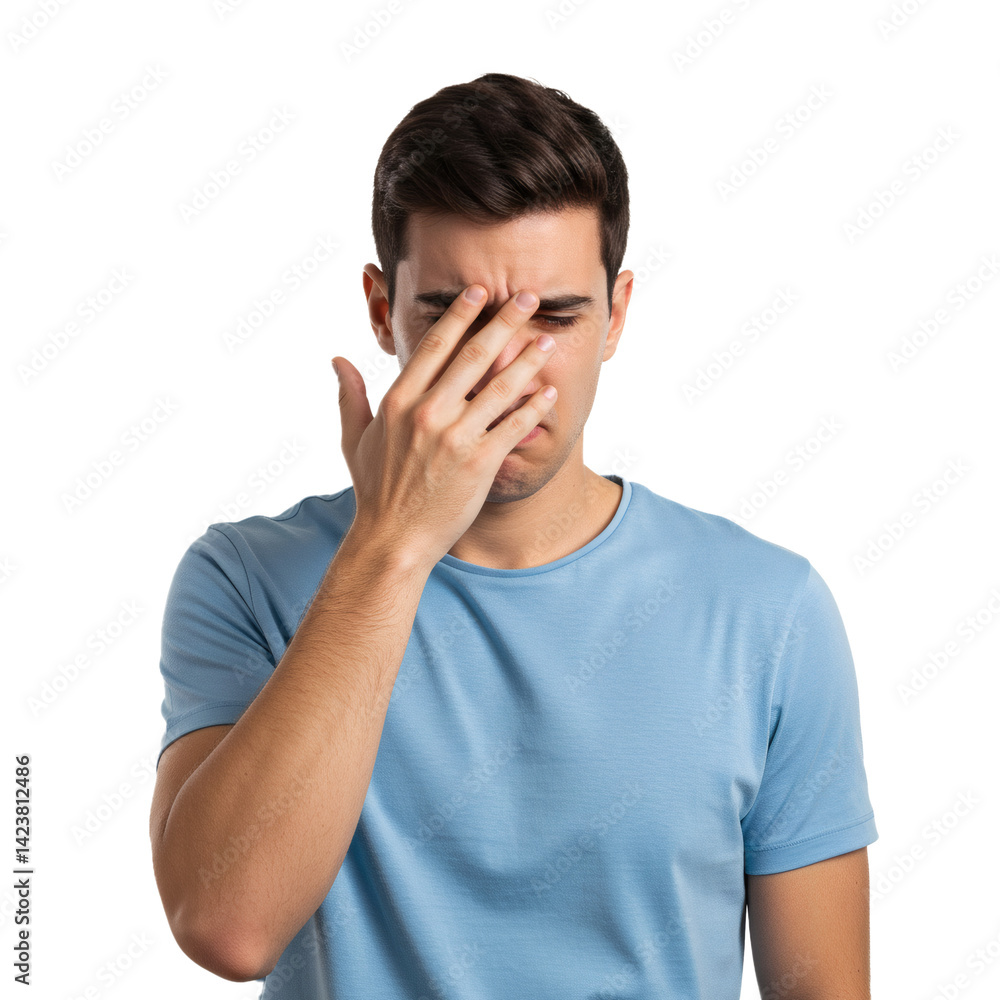 A man shields his eyes with his hand, perhaps from a headache or stress, against a black background. His expression suggests concern. A man shields his eyes with his hand, perhaps from a headache or stress, against a black background. His expression suggests concern.