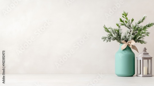 A turquoise vase with a bouquet of green foliage on a minimalist white shelf, adorned with a rustic lantern, and serene and elegant home decor concept.