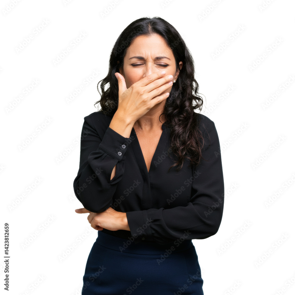 Woman reacts to unpleasant smell or taste with hand over mouth, eyes closed against a black background. Expression of disgust or illness. Woman reacts to unpleasant smell or taste with hand over mouth, eyes closed against a black background. Expression of disgust or illness.