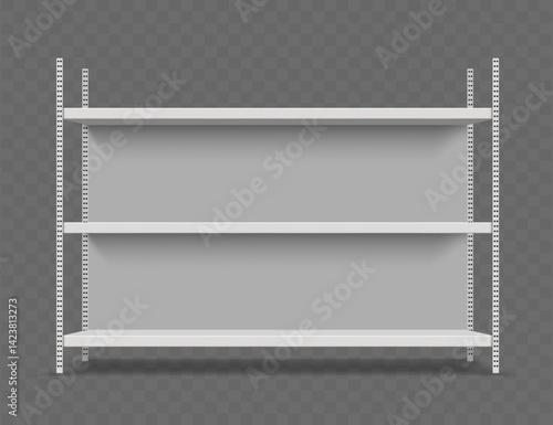 Blank empty trade stands shop racks. Storefronts shelves isolated on transparent background. Vector mockup