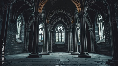 Dark Gothic interior with stone columns and arched windows
