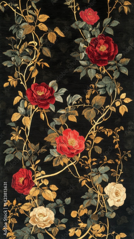 Vintage floral pattern with red and white roses on black background for elegant textile design
