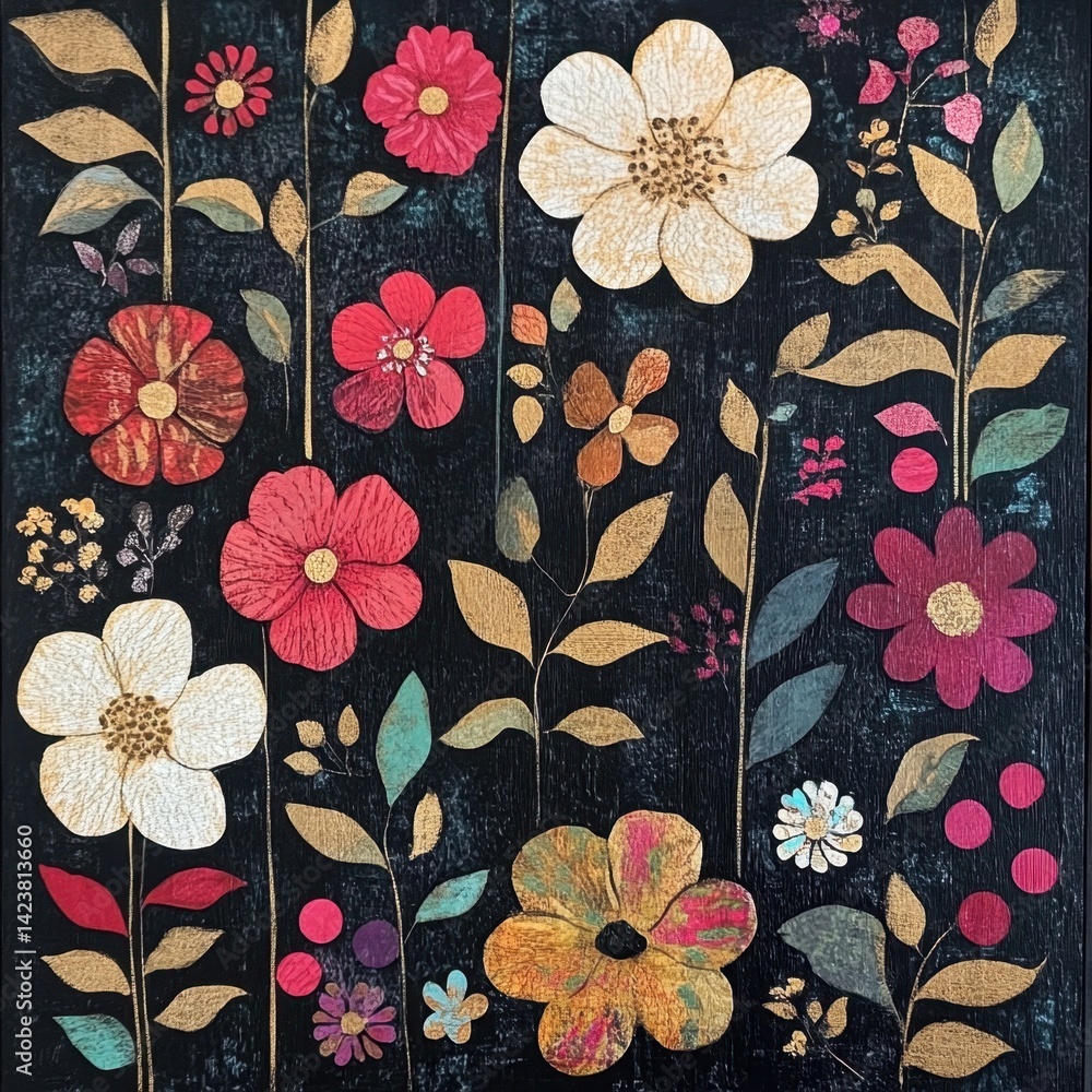 Colorful botanical floral pattern on black background for art and decor