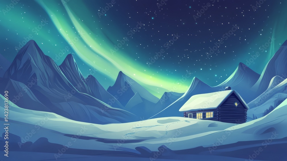Fototapeta premium Northern Lights over a Single House or hut in the mountains while snowing