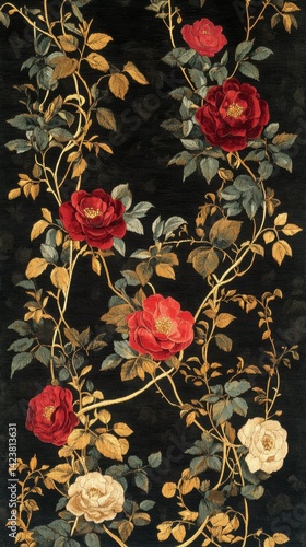 Vintage floral pattern with red and white roses on black background for elegant textile design