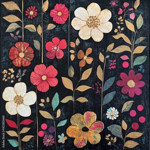 Obraz na płótnie Colorful botanical floral pattern on black background for art and decor w salonie