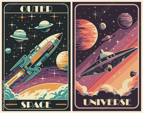 Space retro posters with spaceship, rocket flying in universe. Vector art illustrations in dramatic red and black colors.	
