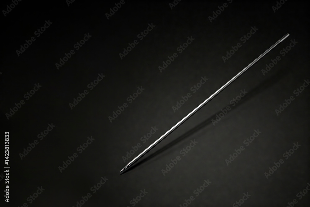 A metal needle on a black background. Space for text. A metal needle on a black background. Space for text.