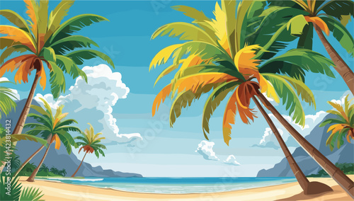 A tropical beach scene with palm trees and a sandy shoreline. The sky is blue and there are some clouds. Scene is peaceful and relaxing	
