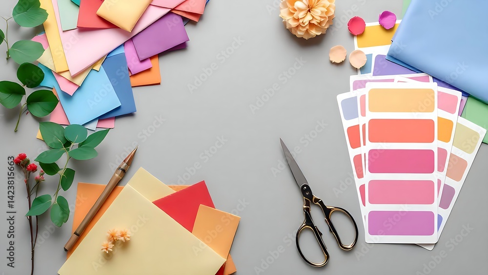 Fototapeta premium Creative Design Workspace With Color Swatches And Floral Elements