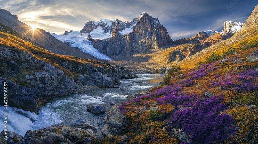 Obraz premium Mountain sunrise, river valley, autumn flowers