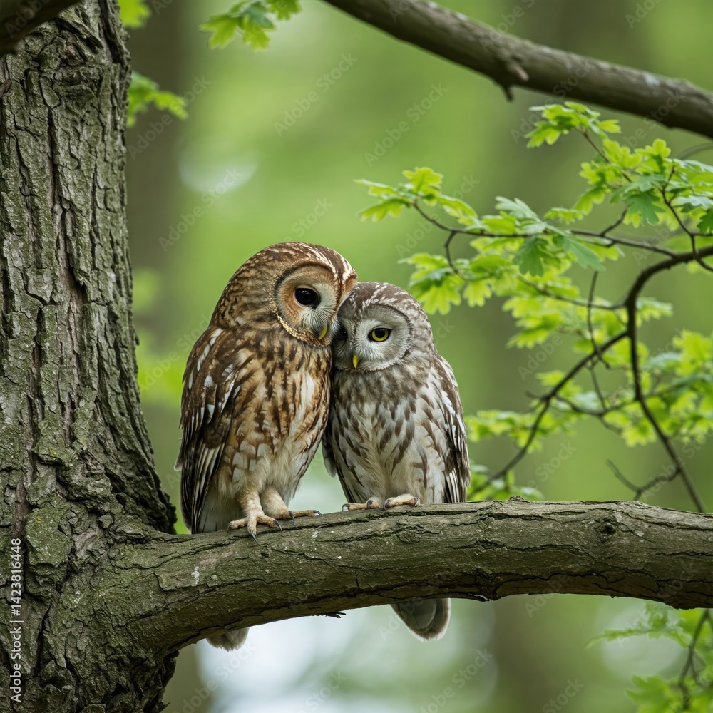 Two owls are sitting on a branch in an embrace. Two owls are sitting on a branch in an embrace.