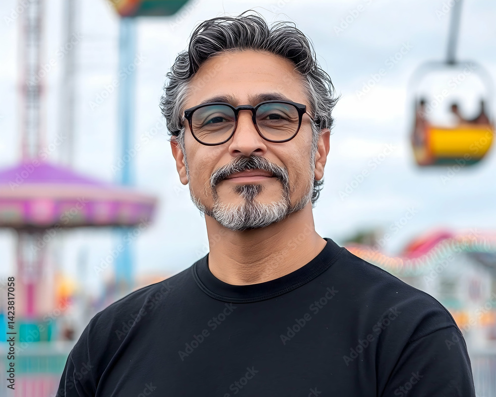 Obraz premium Happy middle-aged man with glasses smiles at amusement park